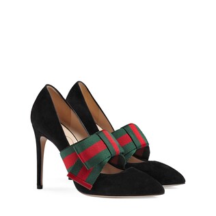 Suede pump with removable Web bow
