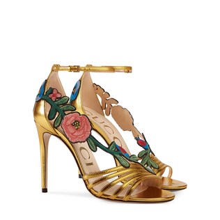 Embroidered metallic leather mid-heel sandal