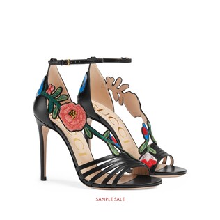 Embroidered leather mid-heel sandal