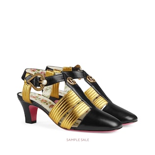 Leather mid-heel t-strap sandal