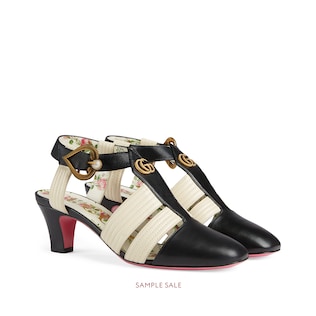 Leather mid-heel t-strap sandal
