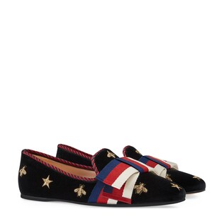 Embroidered velvet ballet flat with Sylvie bow