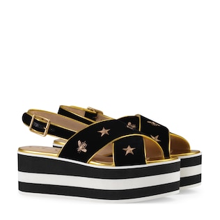 Embroidered velvet crossover platform sandal
