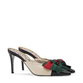 Leather mid-heel slide with Web bow