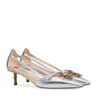 Metallic leather pump with crystal Double G