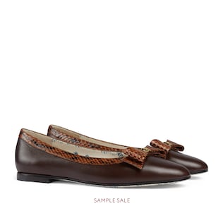 Leather ballet flat with snakeskin bow