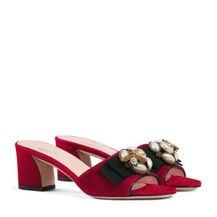 Velvet mid-heel slide with bee