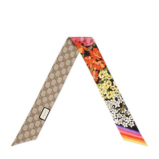GG and flowers print silk neck bow