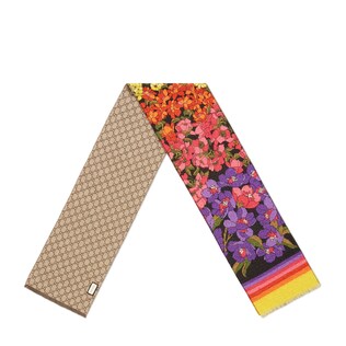 GG and flowers print silk cashmere scarf