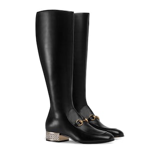 Horsebit leather knee boot with crystals 
