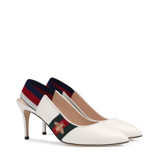 Leather Web mid-heel slingback pump 