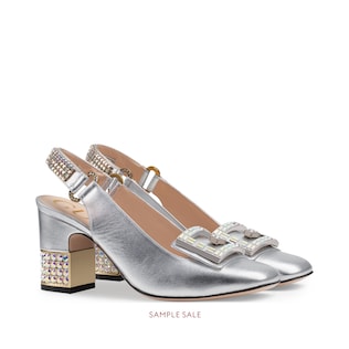 Leather mid-heel slingback pump with crystal G