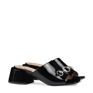 Patent leather mid-heel slide