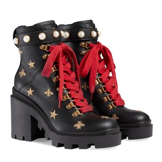 Leather embroidered ankle boot