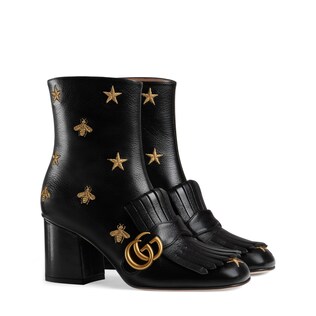 Embroidered leather mid-heel ankle boot