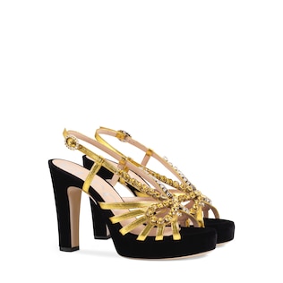 Velvet and leather sandal with crystals