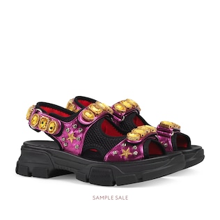 Metallic leather sandal with crystals