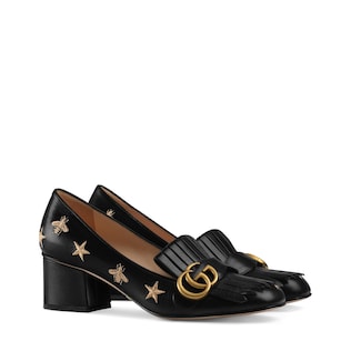 Embroidered leather mid-heel pump