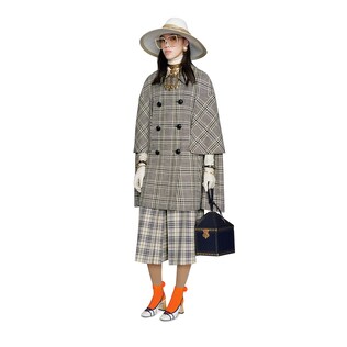 Check wool cape coat