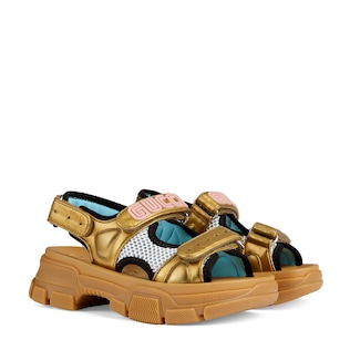 Children's metallic leather and mesh sandal