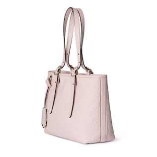 ピンク レザートートバッグ GGパターン GG Emblem medium tote bag in light pink coated fabric