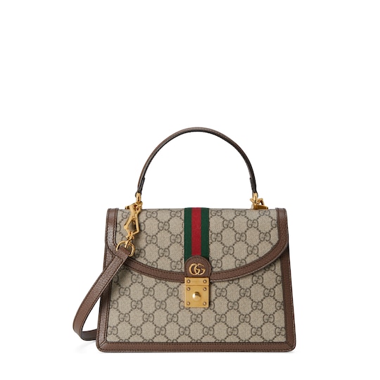Ophidia medium top handle bag — beige and ebony GG Supreme — 65105596IWX8745