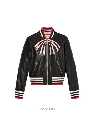 Leather bomber jacket with Gucci bow