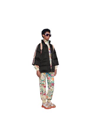 Padded nylon cape jacket with Gucci stripe