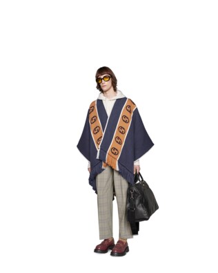 Wool poncho with Interlocking G stripe
