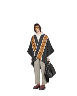 Wool poncho with Interlocking G stripe
