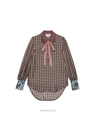 Patchwork print shirt with neck bow